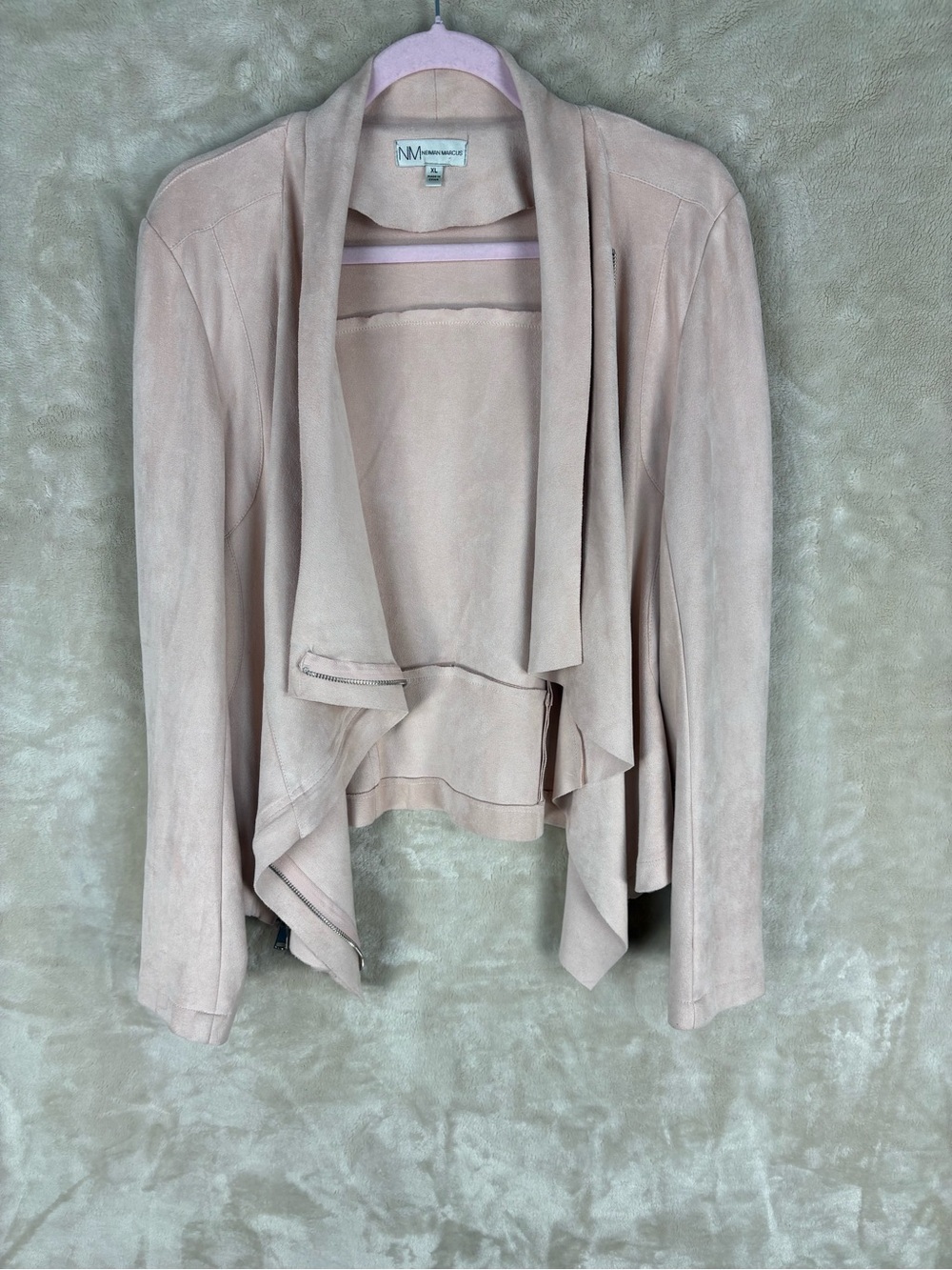 Neiman Marcus Blush Pink Faux-Suede Draped Open-Front Jacket